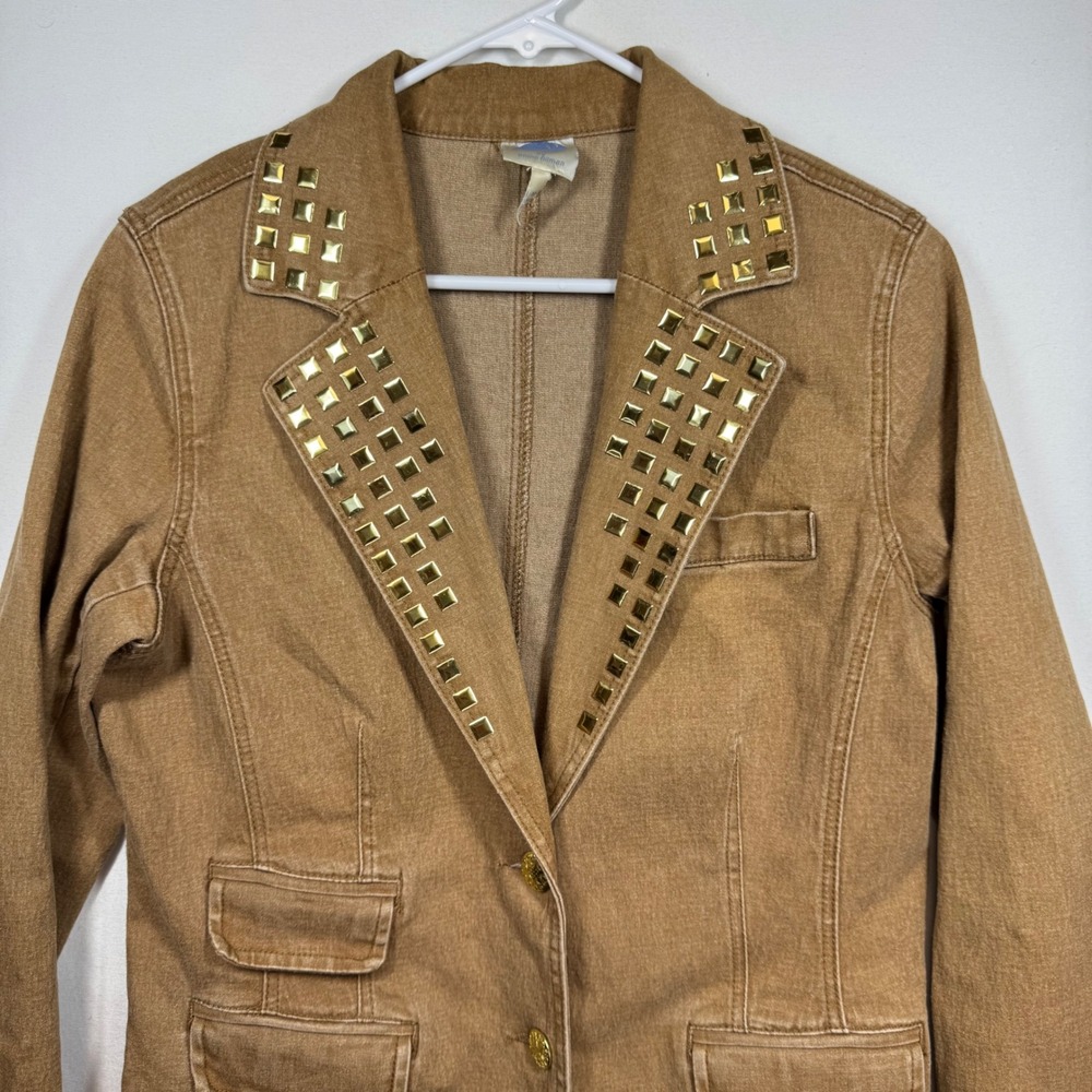 DG2 by Diane Gilman Women's Tan Studded Denim Blazer‎ Jacket Size Medium